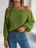 Moss green openwork long sleeve sweater with off-shoulder neckline, button detail, ribbed cuffs.