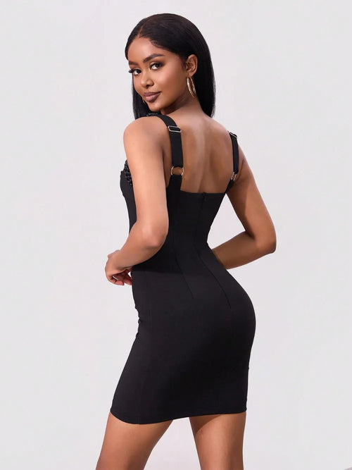 Black wrap mini dress with bead-trim wide straps, scoop back