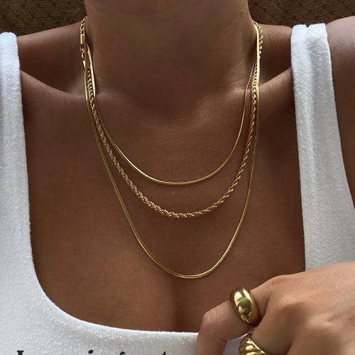 Gold-plated three-layer chain necklace with two rope chains and one smooth chain