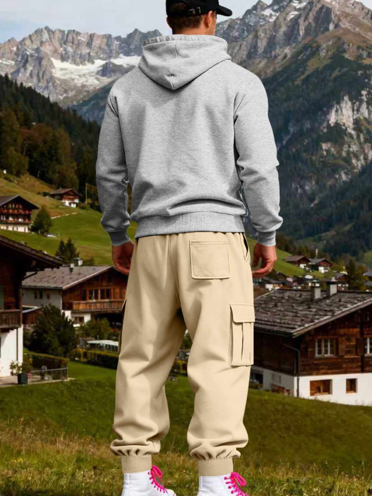Gray hoodie and tan cargo sweatpants set back view with hood and drawstring