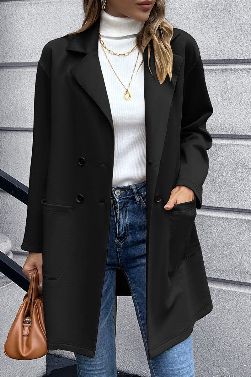 Black double-breasted lapel blazer with long sleeves, two front pockets, button closure
