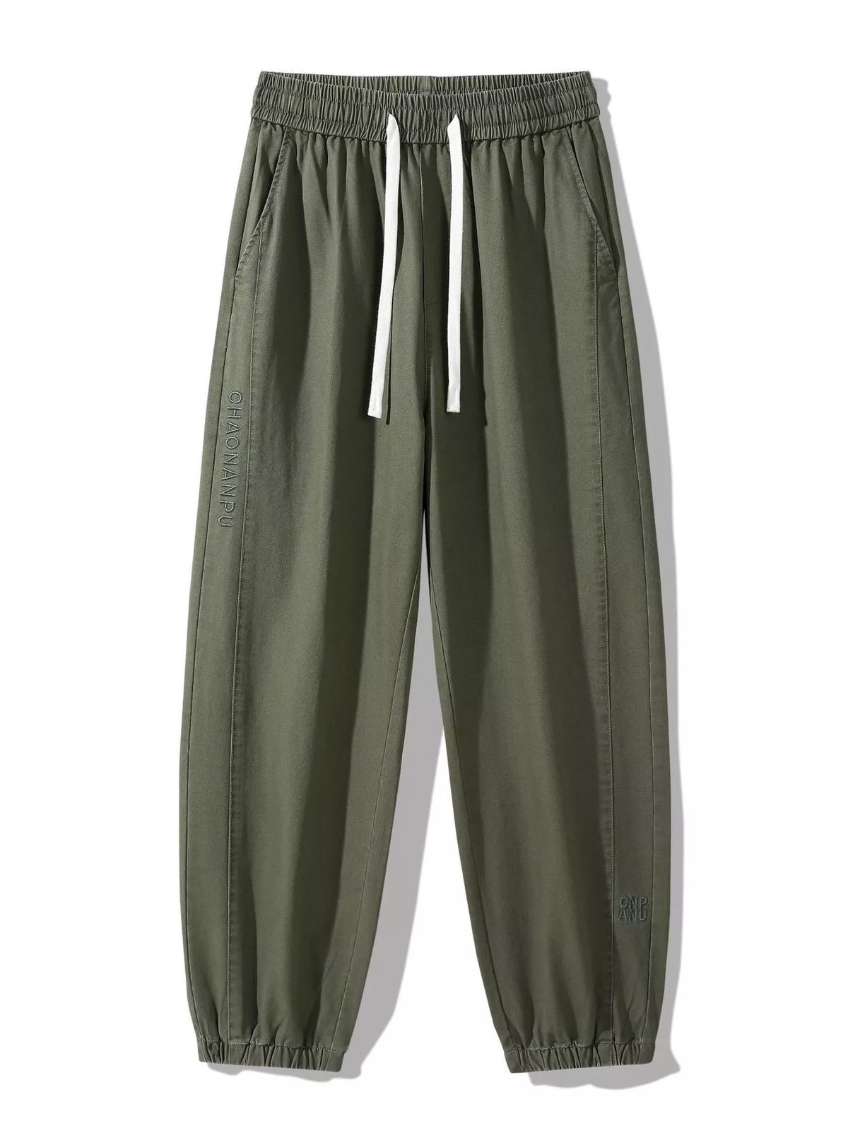 Men's casual army green joggers with elastic waist, drawstring, and cuffed ankles