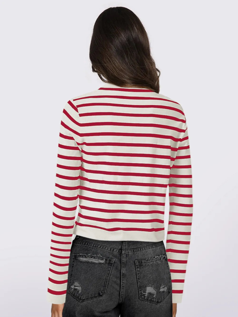 Striped round-neck button cardigan with long sleeves, red-and-white stripes, back view