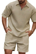 Men's knit short sleeve top and shorts set, quarter-zip polo collar, khaki beige