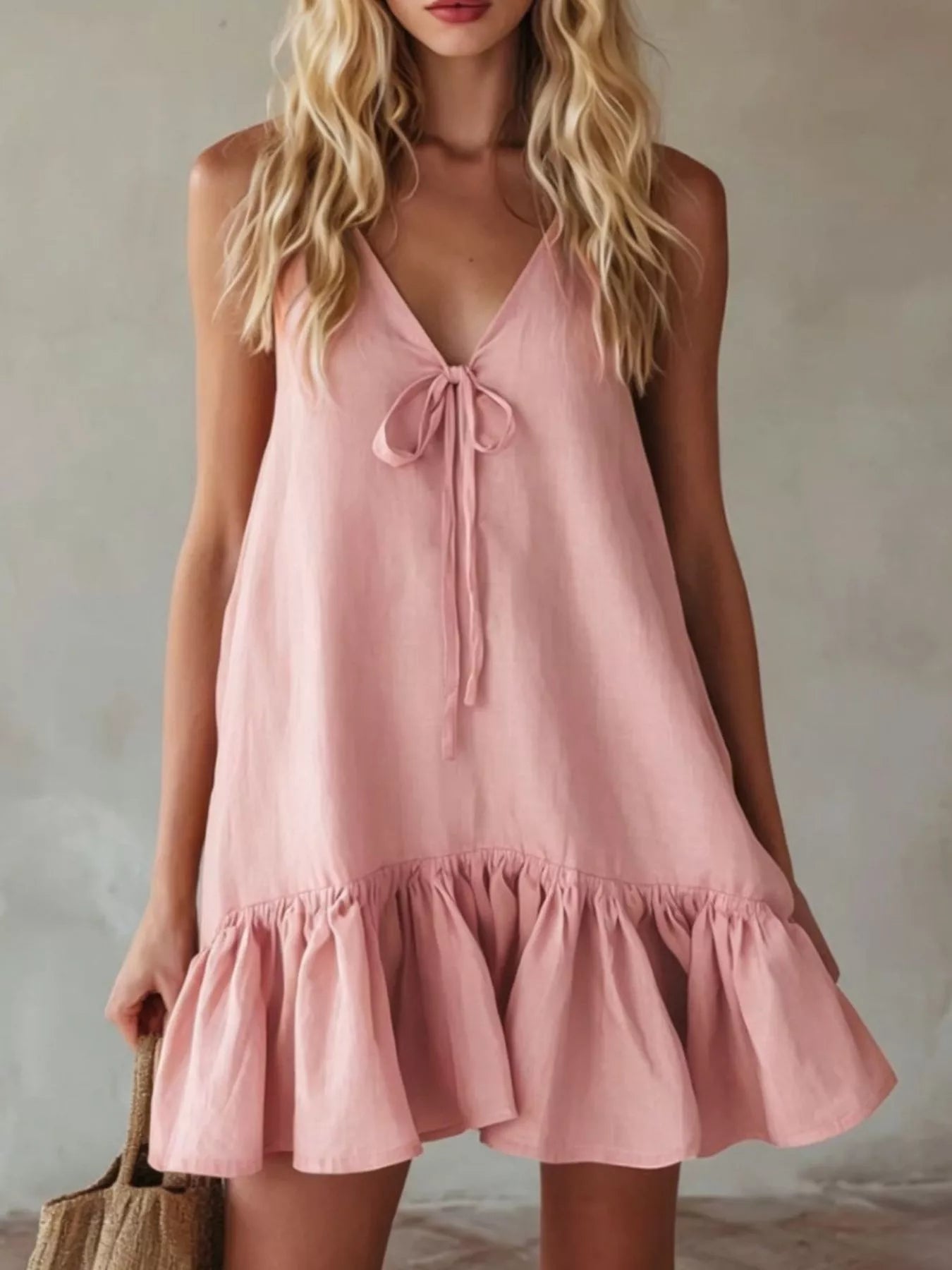 Pink V-neck tie-front mini dress with layered ruffle hem