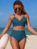 Crisscross High-Waisted Swim Set in teal by Trendsi; wrap-style top and side-drawstring bottoms.