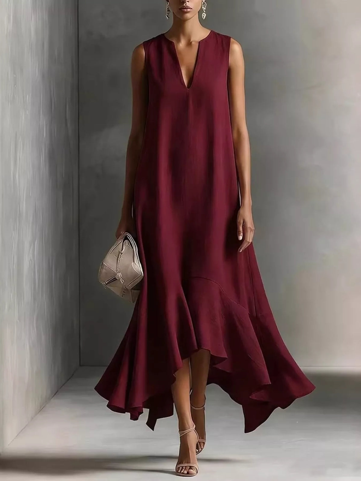 Wine red sleeveless summer dress with V-neckline and ruffled high-low hem
