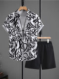 Letter print shirt and shorts set: black-and-white short-sleeve shirt with black shorts