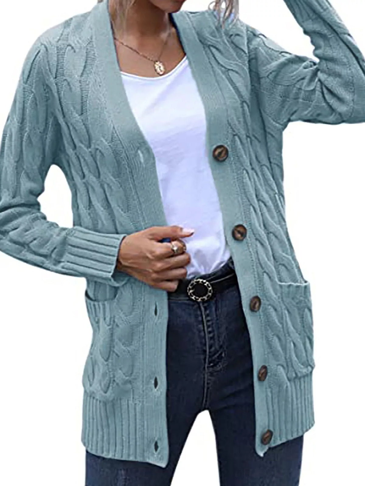 Light blue chunky cable-knit cardigan with button front and ribbed sleeve cuffs
