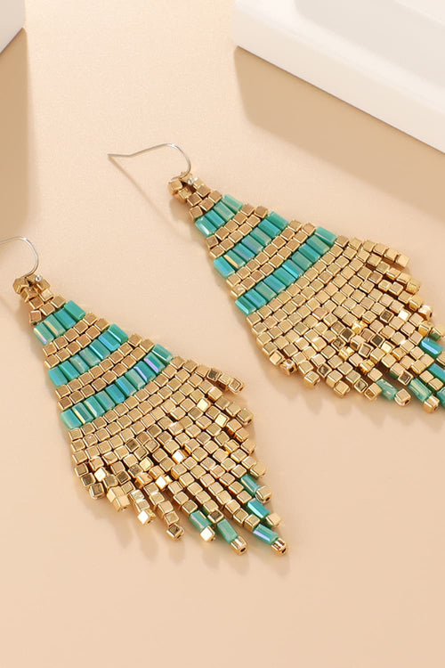Beaded drop earrings with gold fringe beads and turquoise striped beadwork