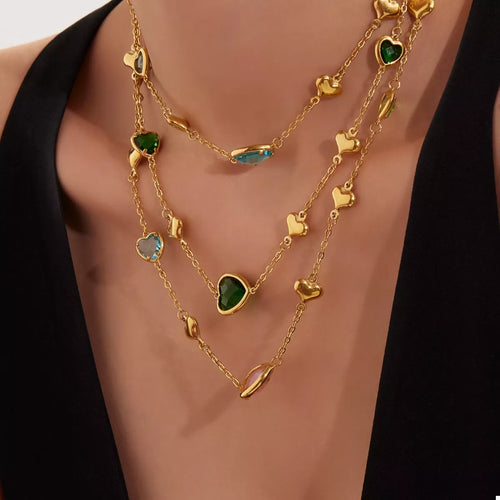 Gold-plated heart necklace with multicolor glass stones on layered chains