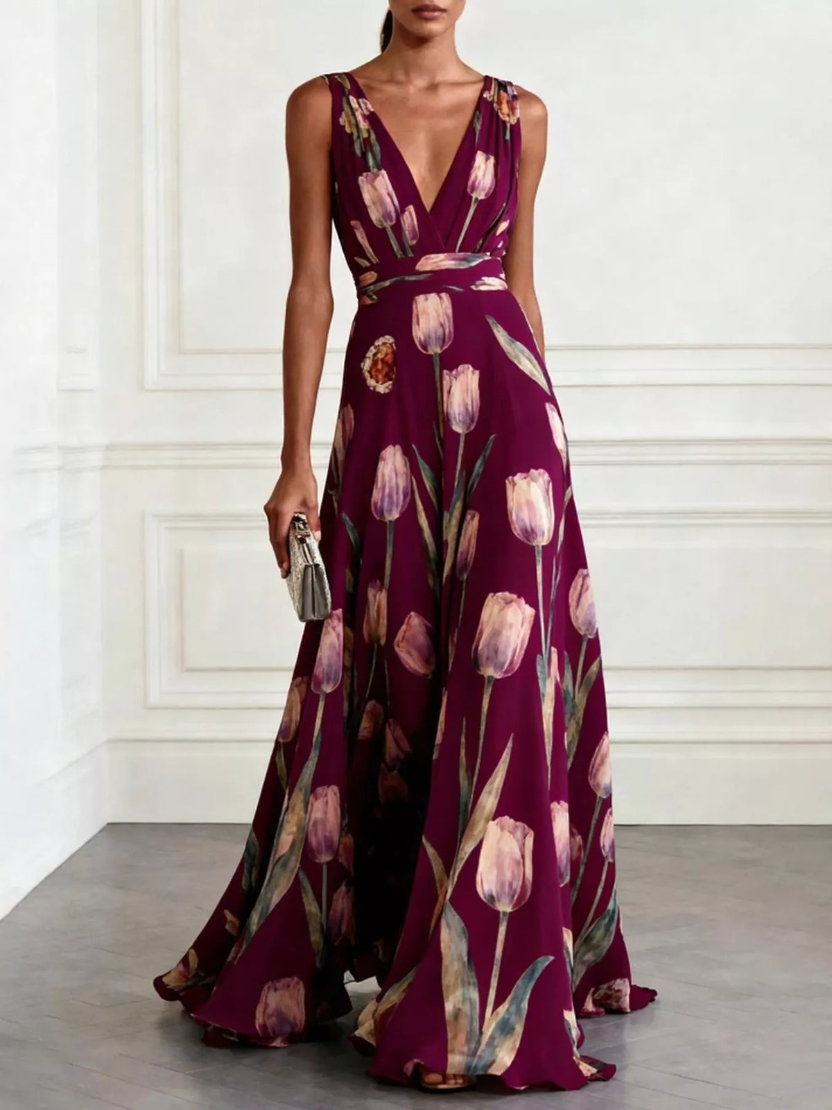 Sleeveless floral print ruched maxi dress in burgundy with V-neck and gathered waist
