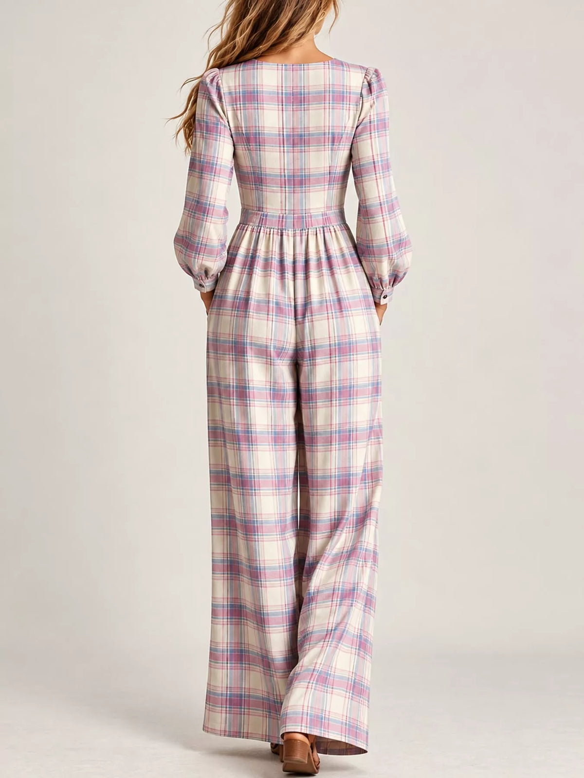 Plaid square-neck long-sleeve jumpsuit, open back with elastic waist