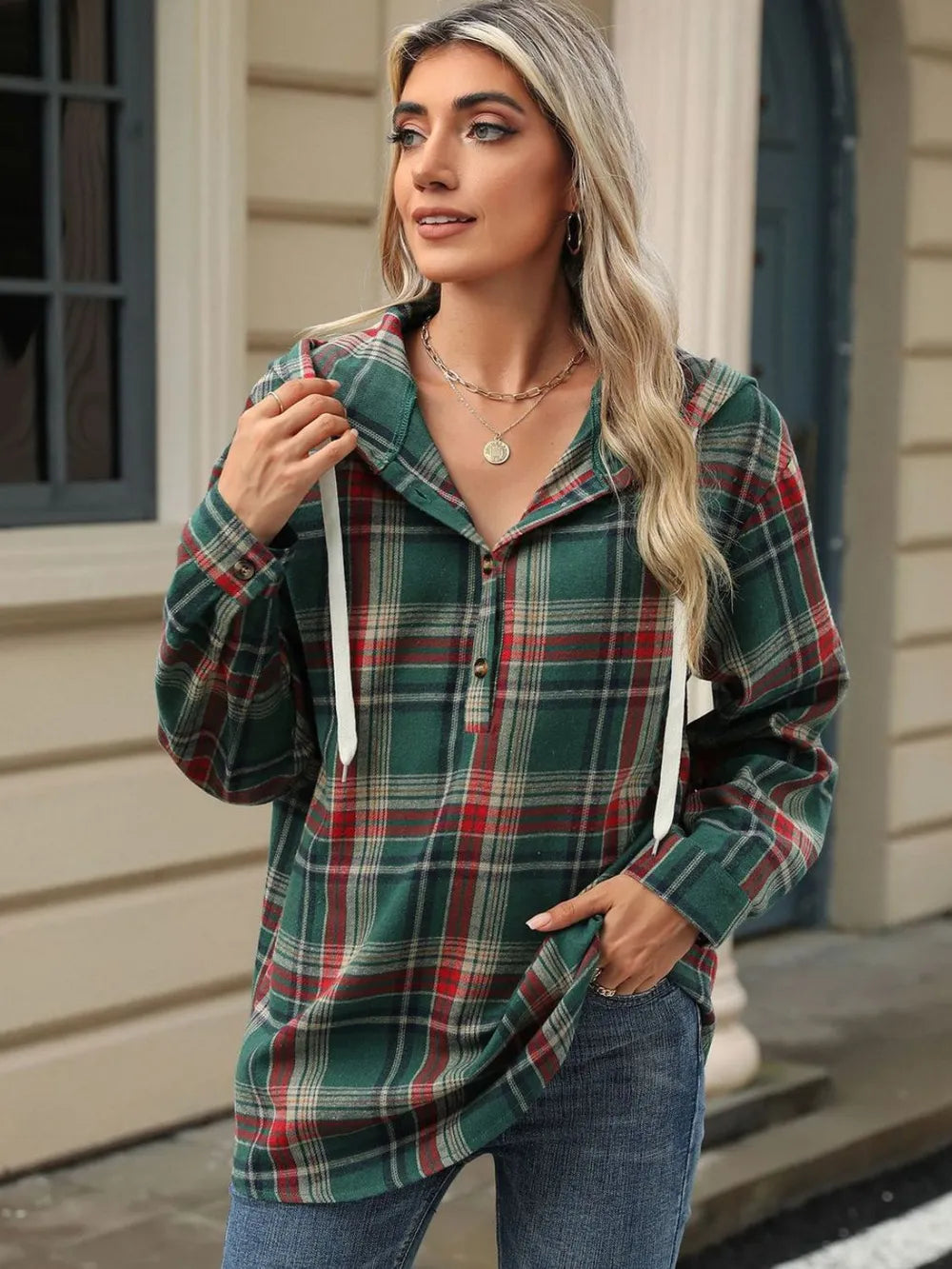 Green plaid hooded long-sleeve top with drawstring hood and button front