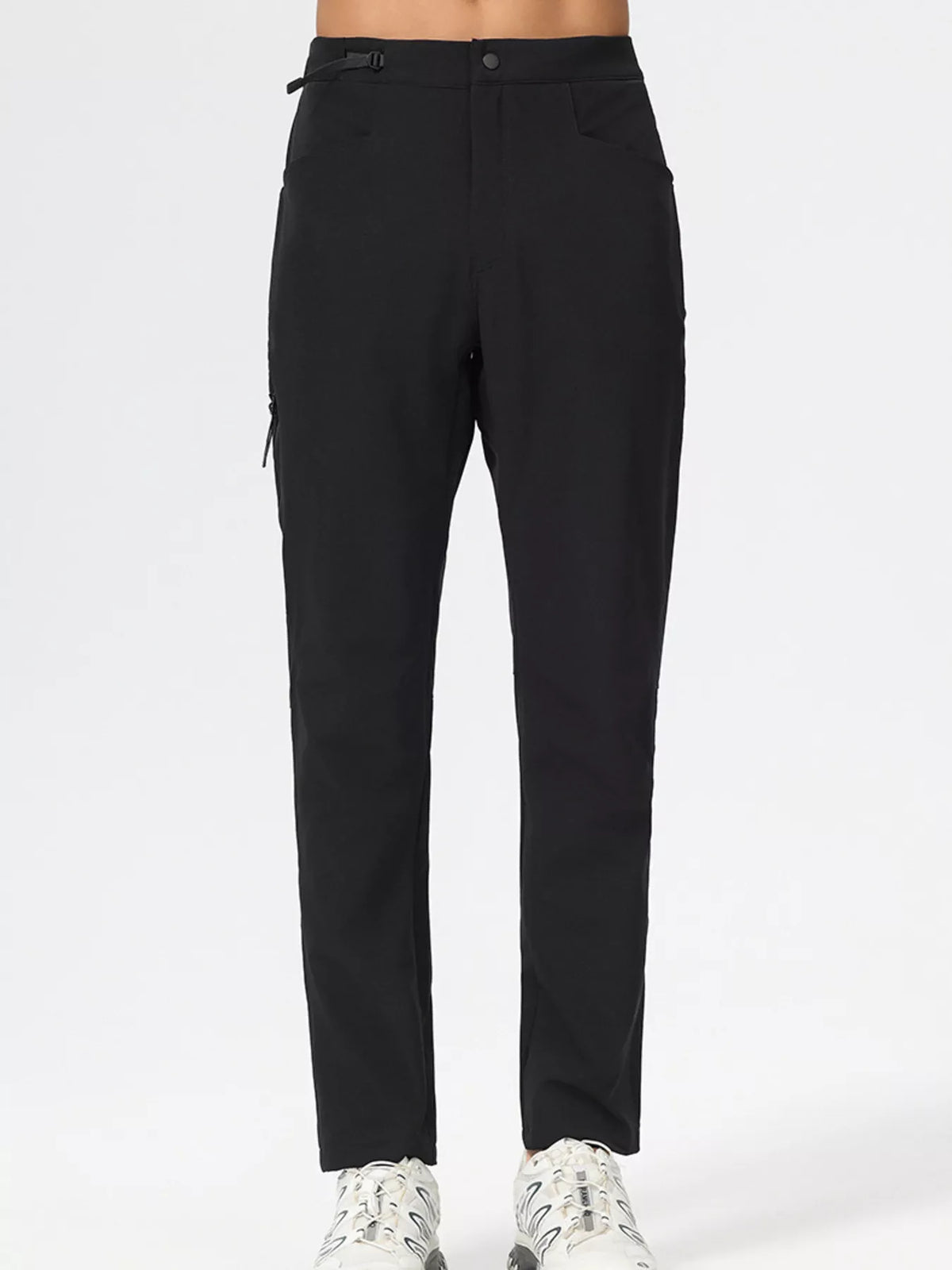 Men's slim-fit stretch casual pants in black, front view with belt loops and pockets