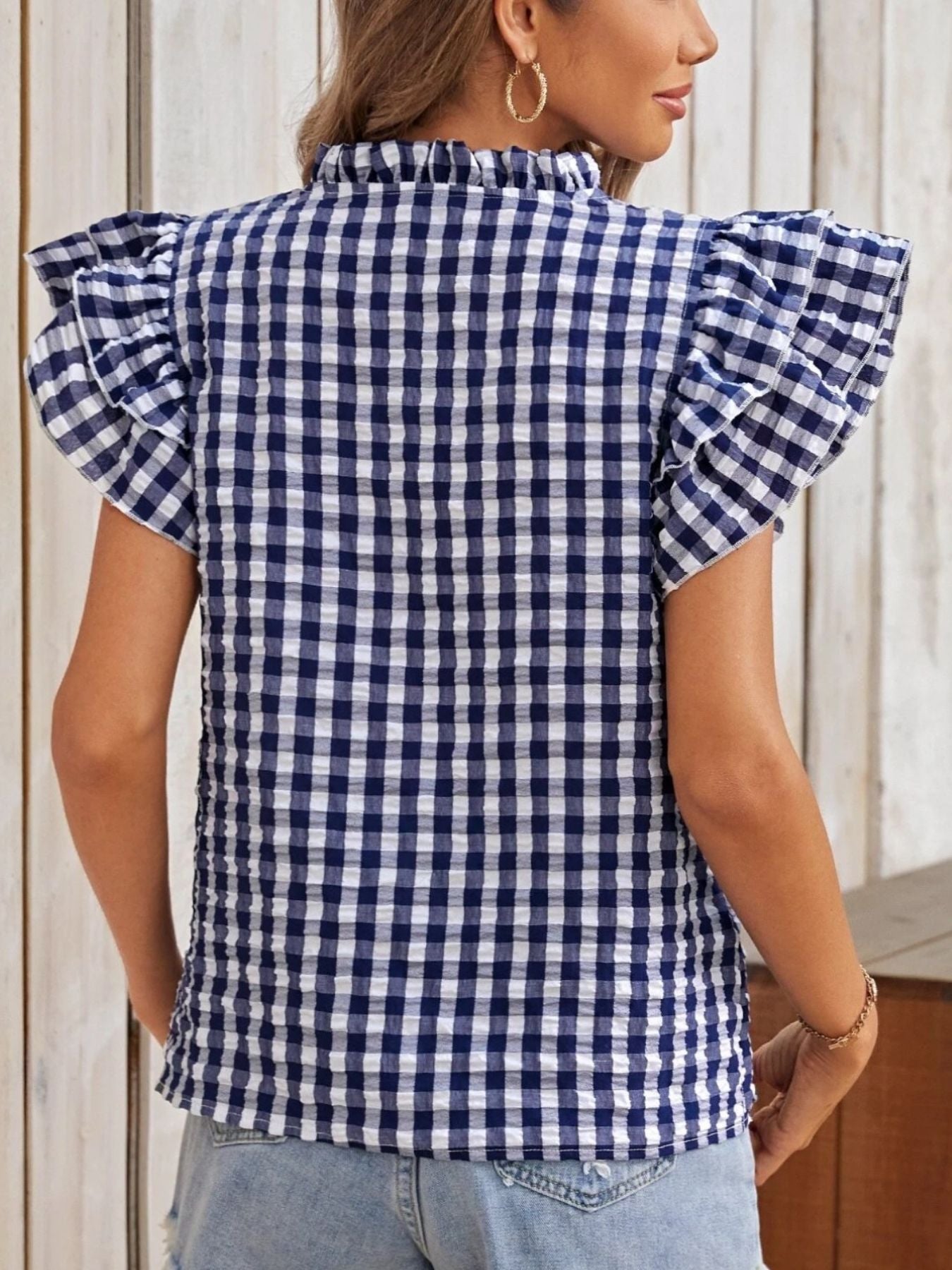 Gingham Ruffle Sleeve Blouse by Trendsi, navy-white gingham, puff sleeves, back view