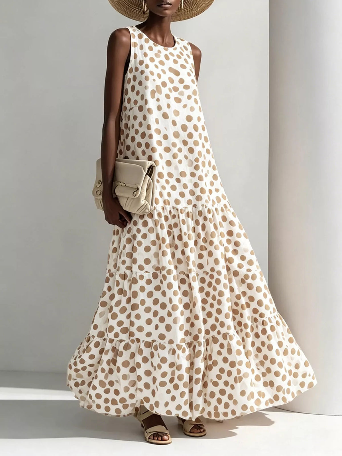 Beige sleeveless tiered maxi dress with scattered polka dots