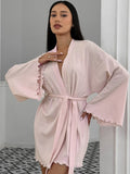 Dusty pink tie-waist kimono sleeve lounge nightgown with ruffled trim