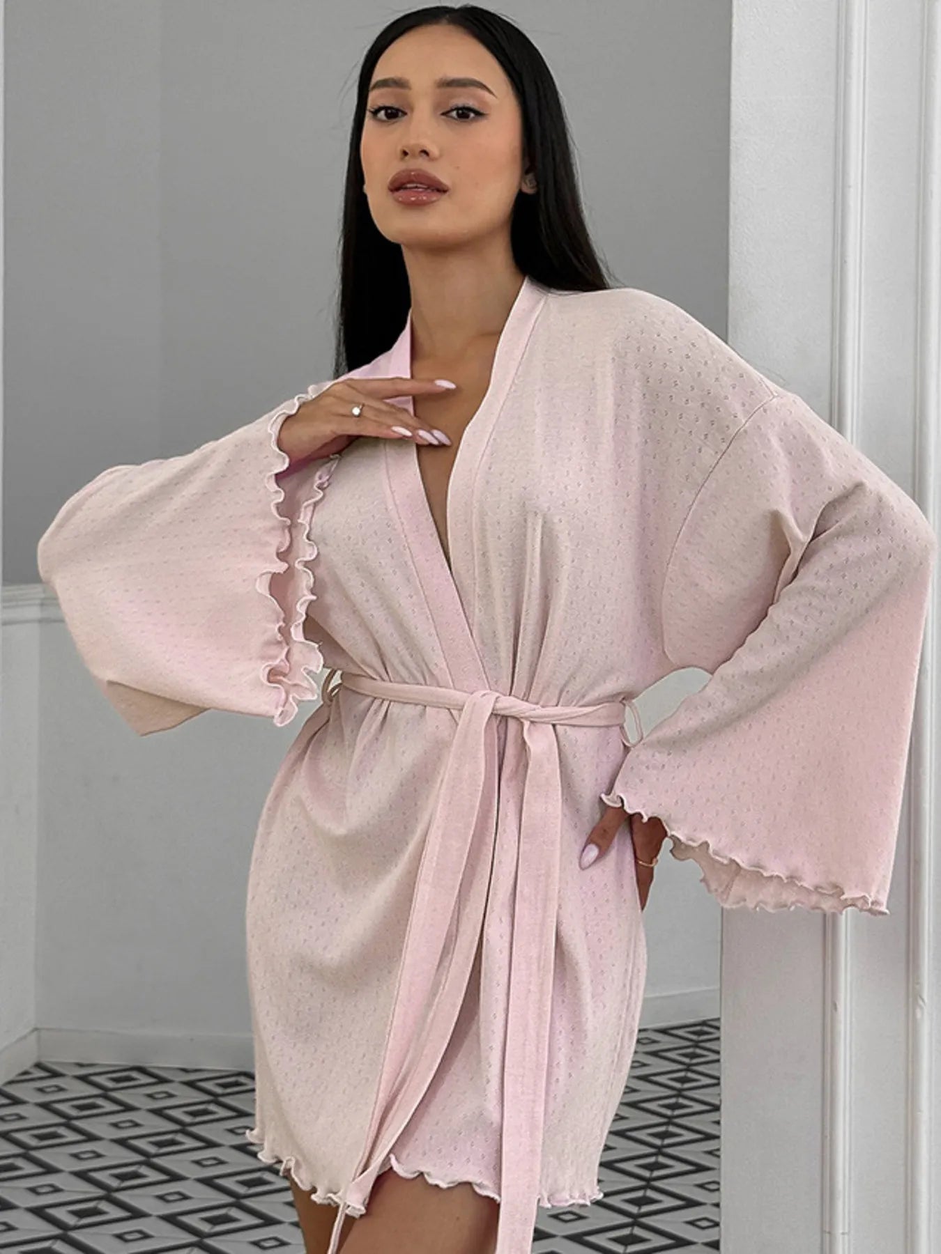 Dusty pink tie-waist kimono sleeve lounge nightgown with ruffled trim