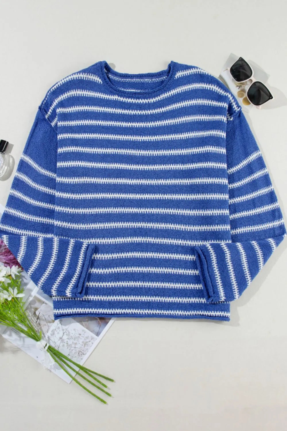 Blue striped dropped-shoulder sweater with white knit stripes, crew round neck