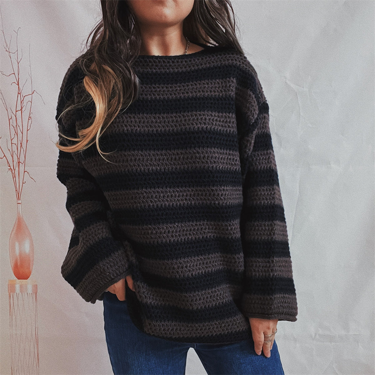 Striped long sleeve sweater, dark gray/black knit, crew neck, ribbed cuffs