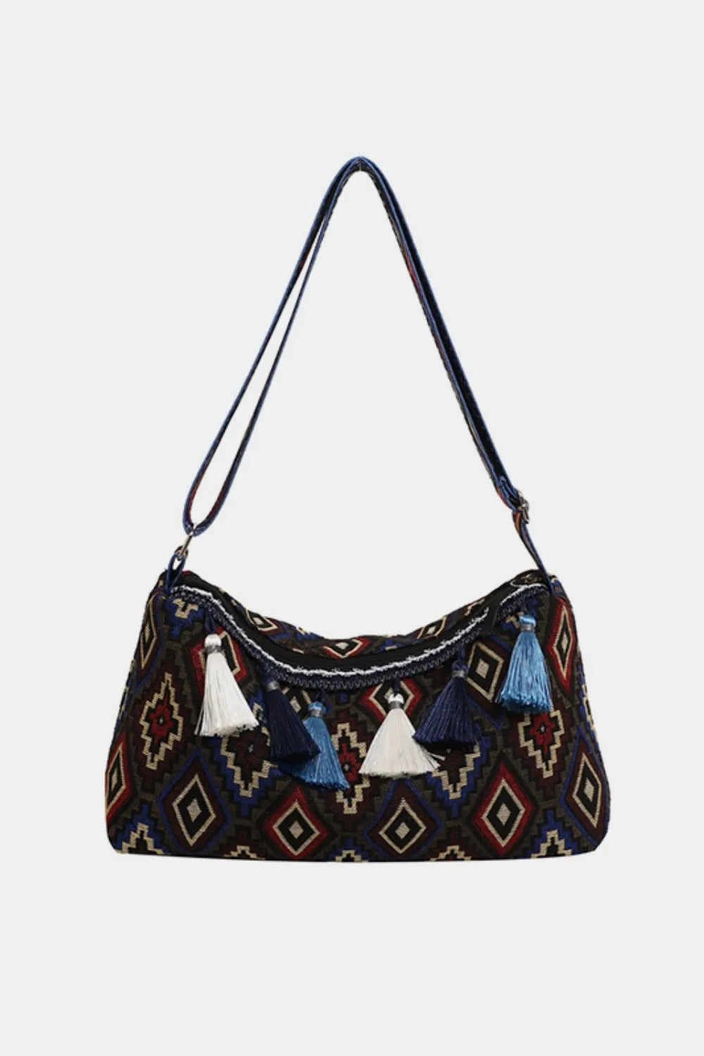 Tassel adjustable shoulder bag with navy geometric pattern and fringe tassels