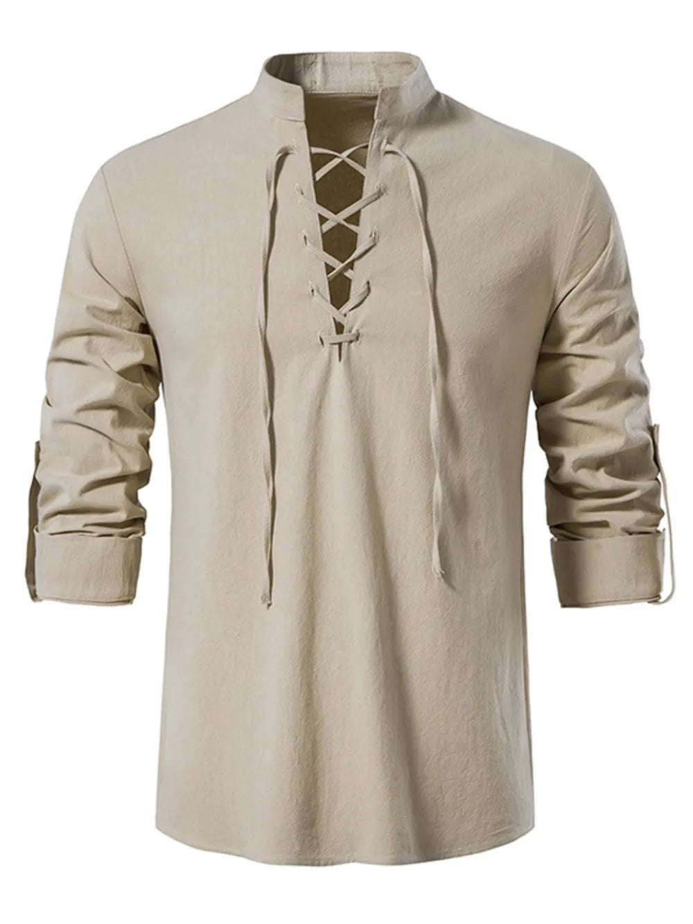 Men's lace-up long sleeve blouse in beige, stand collar with front eyelet lacing