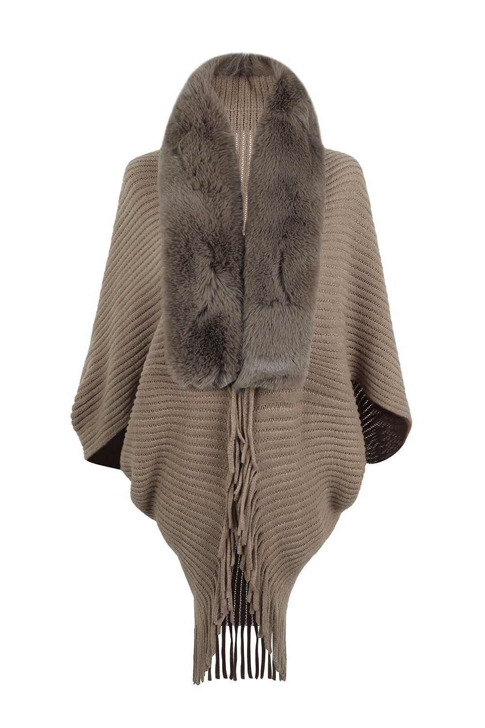 Long-sleeve ribbed poncho with fringe trim, beige, front view