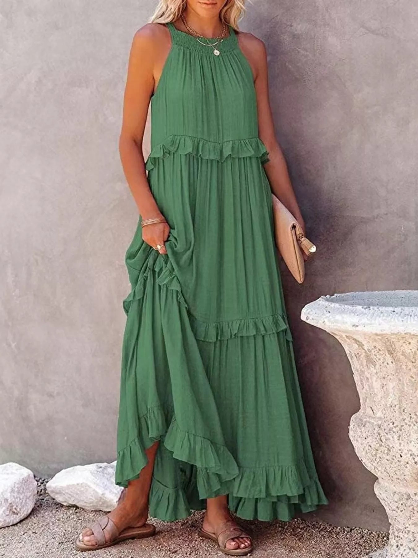 Green ruffled tiered sleeveless maxi dress with layered ruffle hem