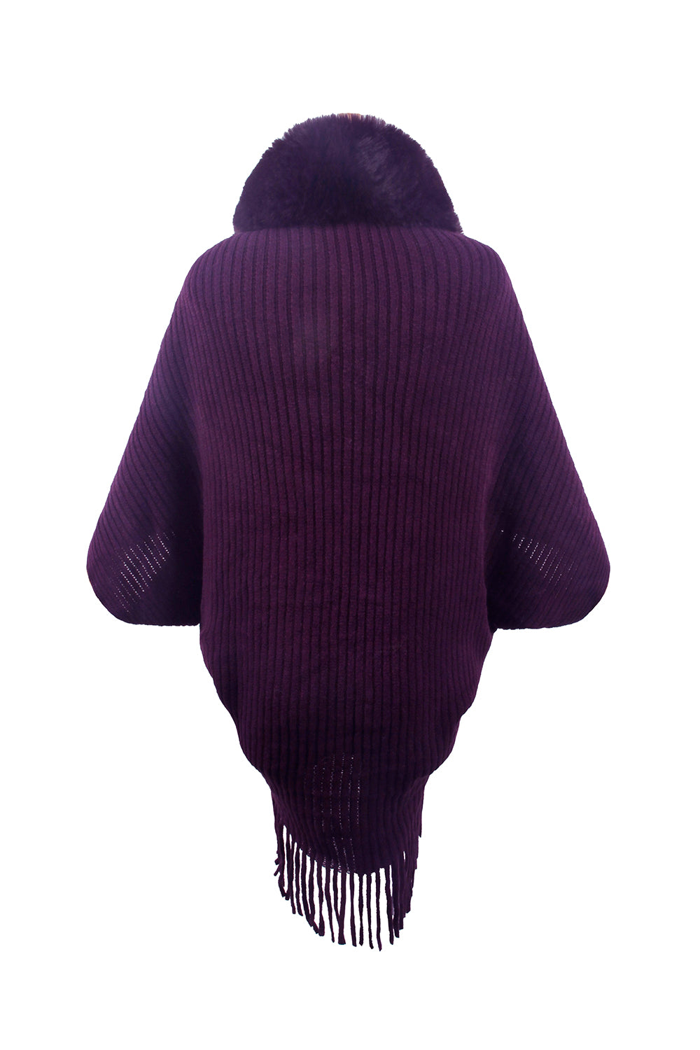 Long-sleeve ribbed poncho with fringe trim, violet, back view