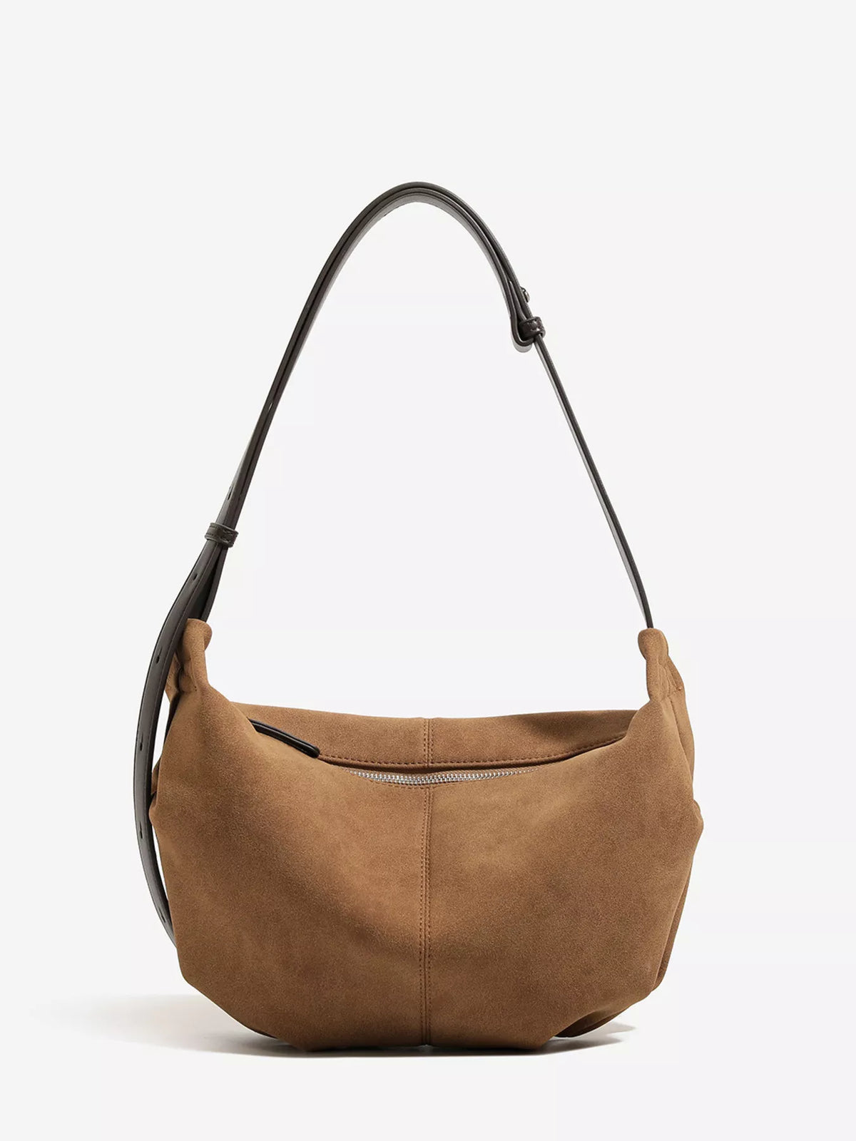 Brown suede crescent shoulder bag with adjustable strap and top zip opening