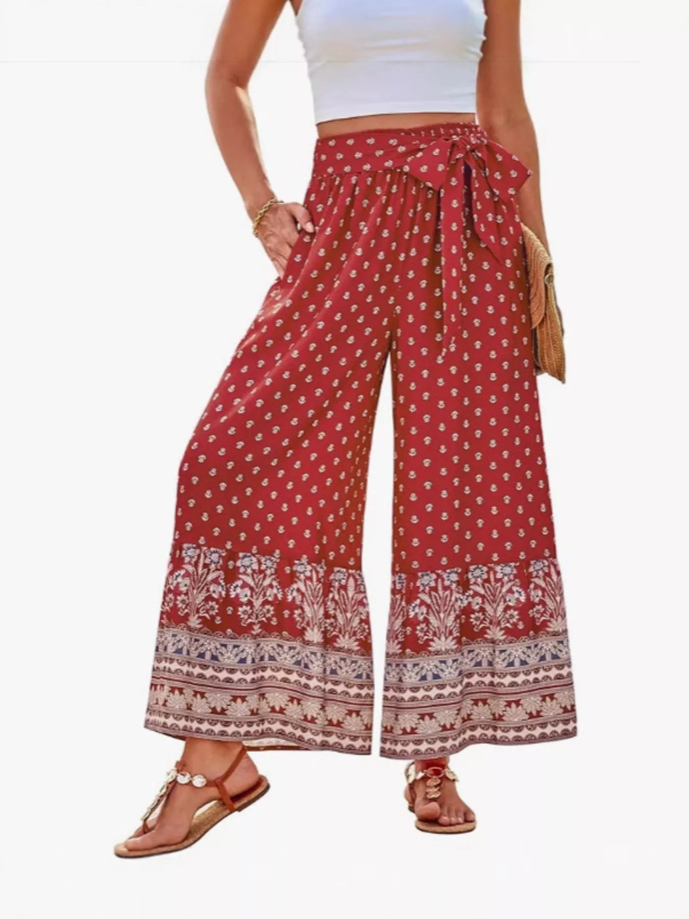Tie-waist wide-leg floral printed pants, rouge red with small white motifs