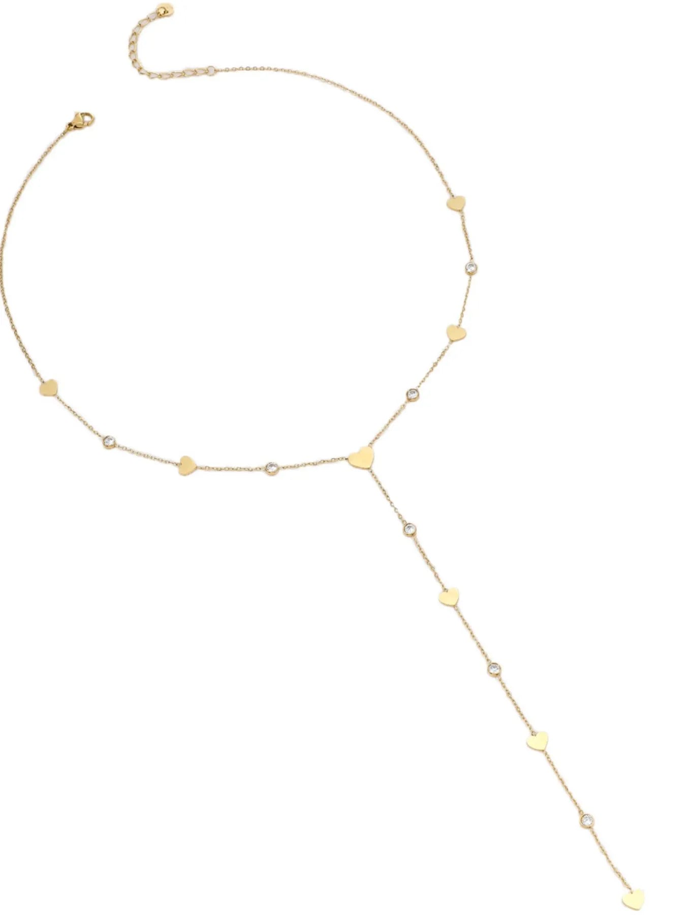 Gold heart zircon layered necklace with heart charms and dangling zircon stones