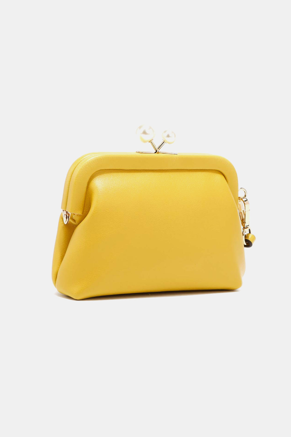 Nicole Lee USA Elise pearl coin purse, yellow with framed kiss-lock top and pearl clasp.