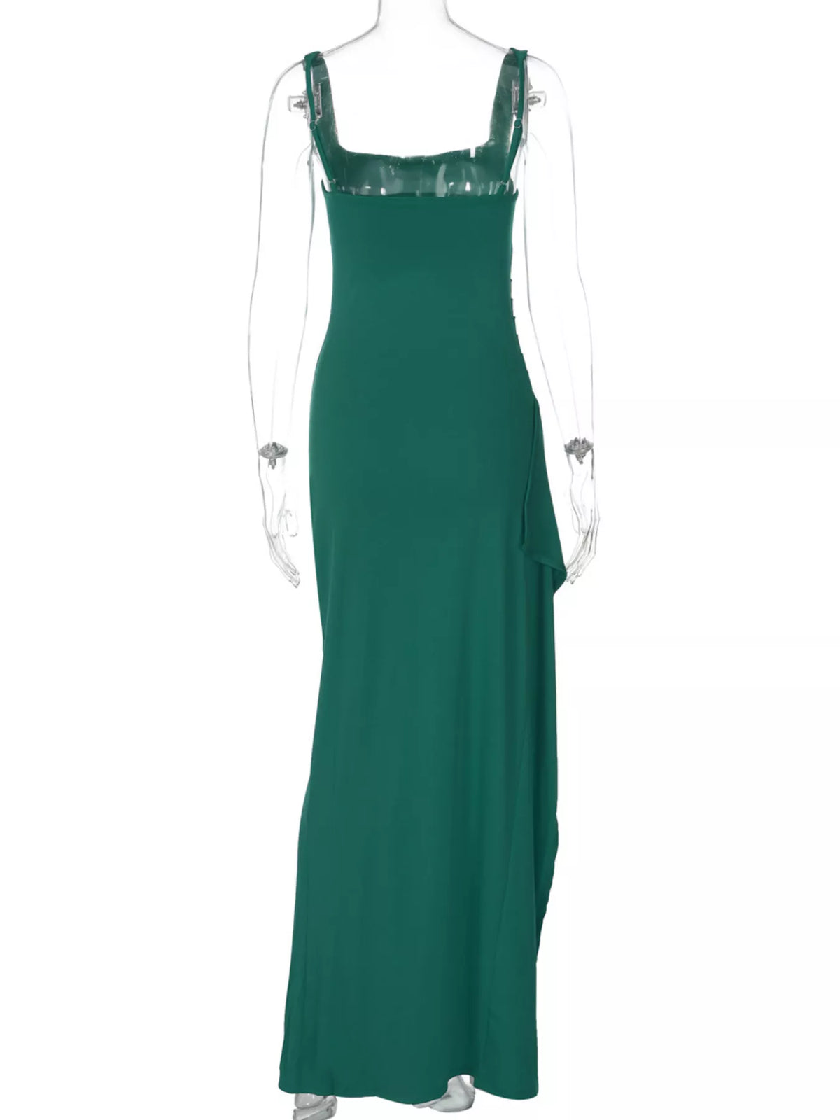 Teal square-neck ruched maxi dress on mannequin with side slit and drape panel