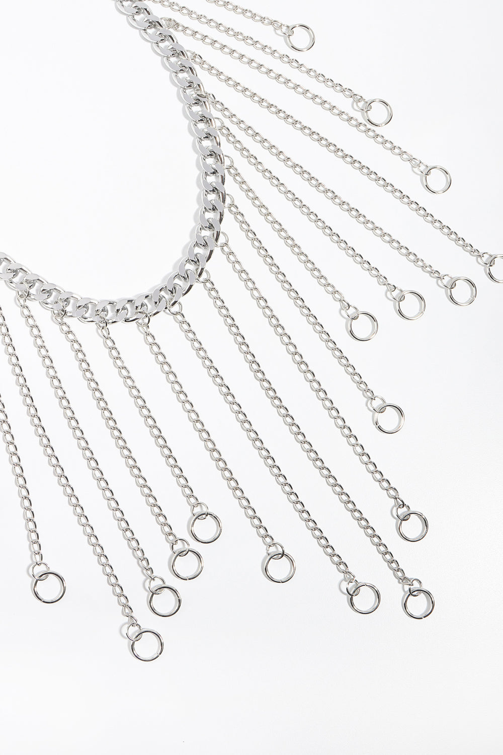 Silver chain fringe belt with layered strands and small oval drop connectors