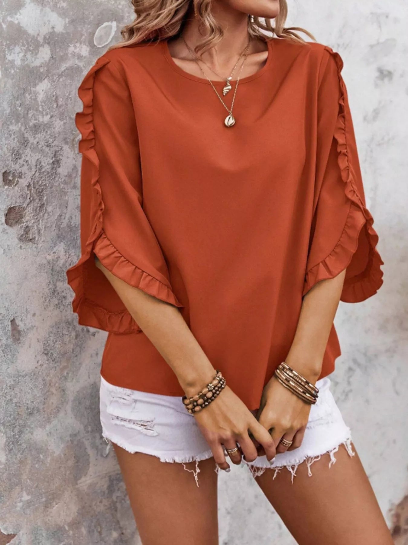 Ruffle Sleeve Solid Color Blouse in rust orange for women