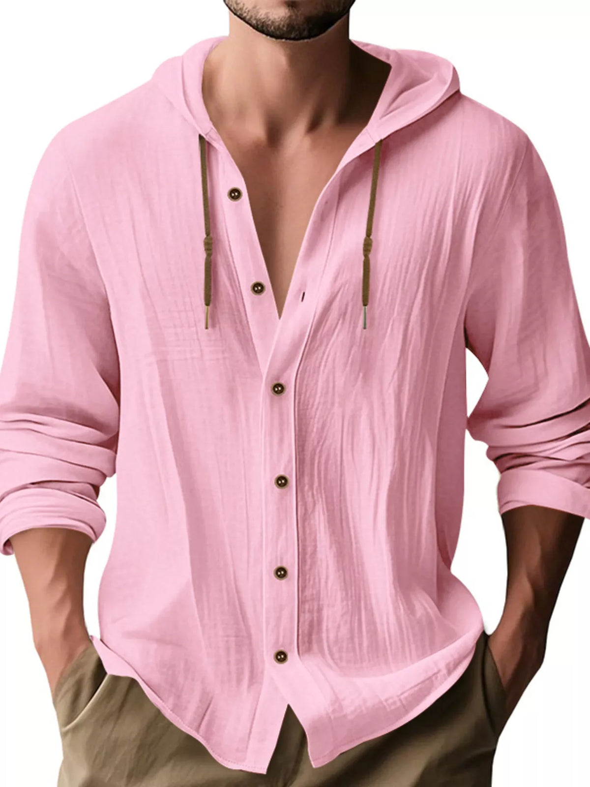 Men's pink linen hooded button shirt with drawstring, long sleeves