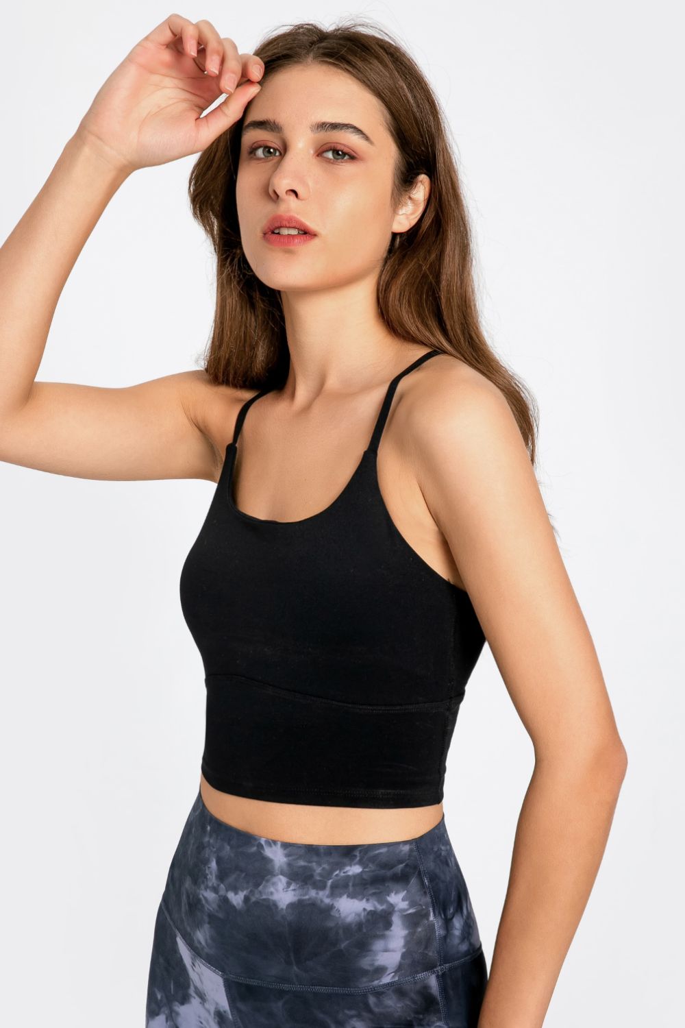 Black scoop neck sports cami with wide tank straps