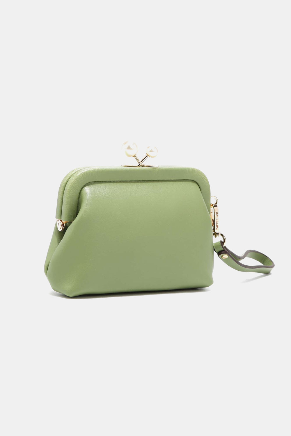 Nicole Lee USA Elise pearl coin purse, sage green 3/4 view with framed kiss-lock top.