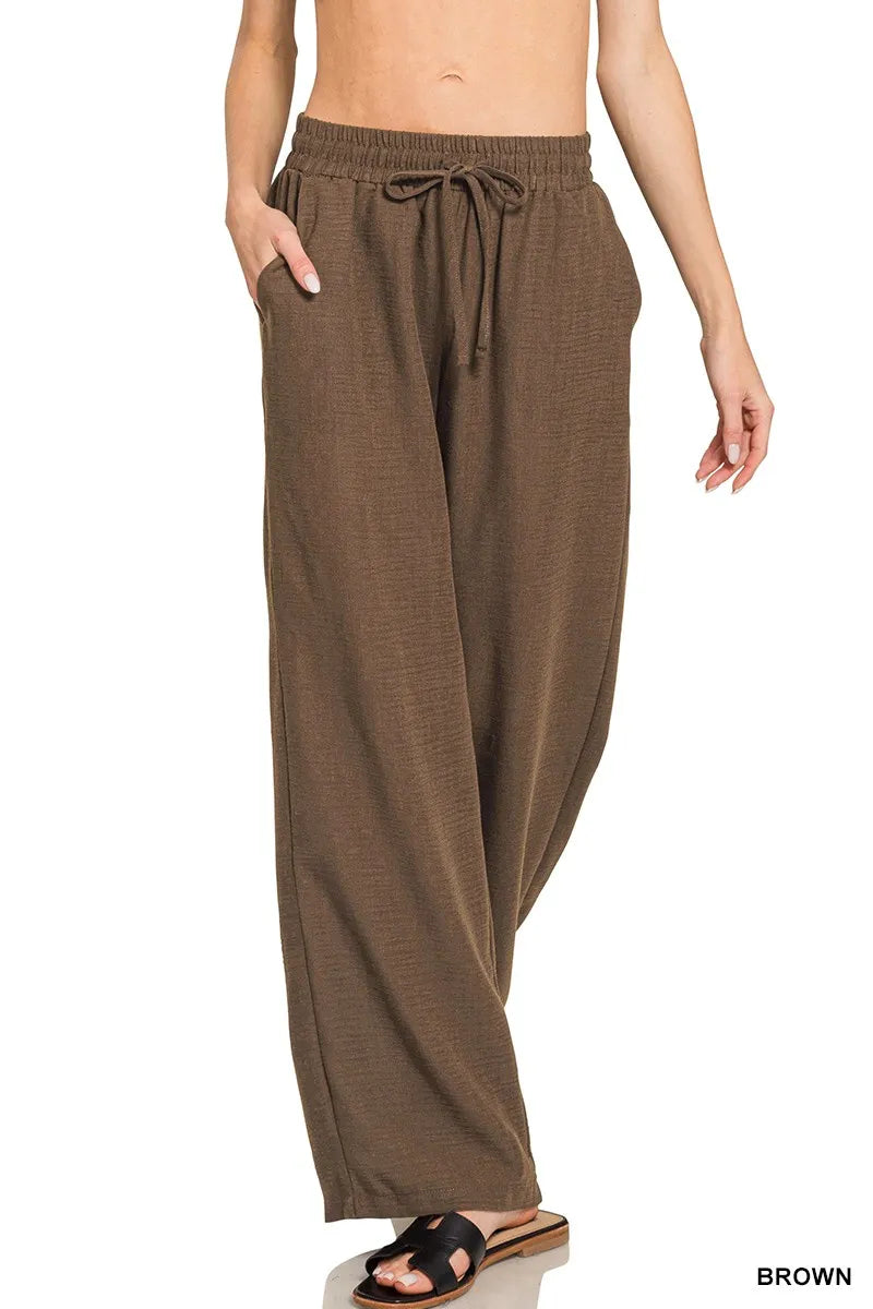 Brown woven crepe elastic-waist pants, drawstring tie, relaxed wide legs