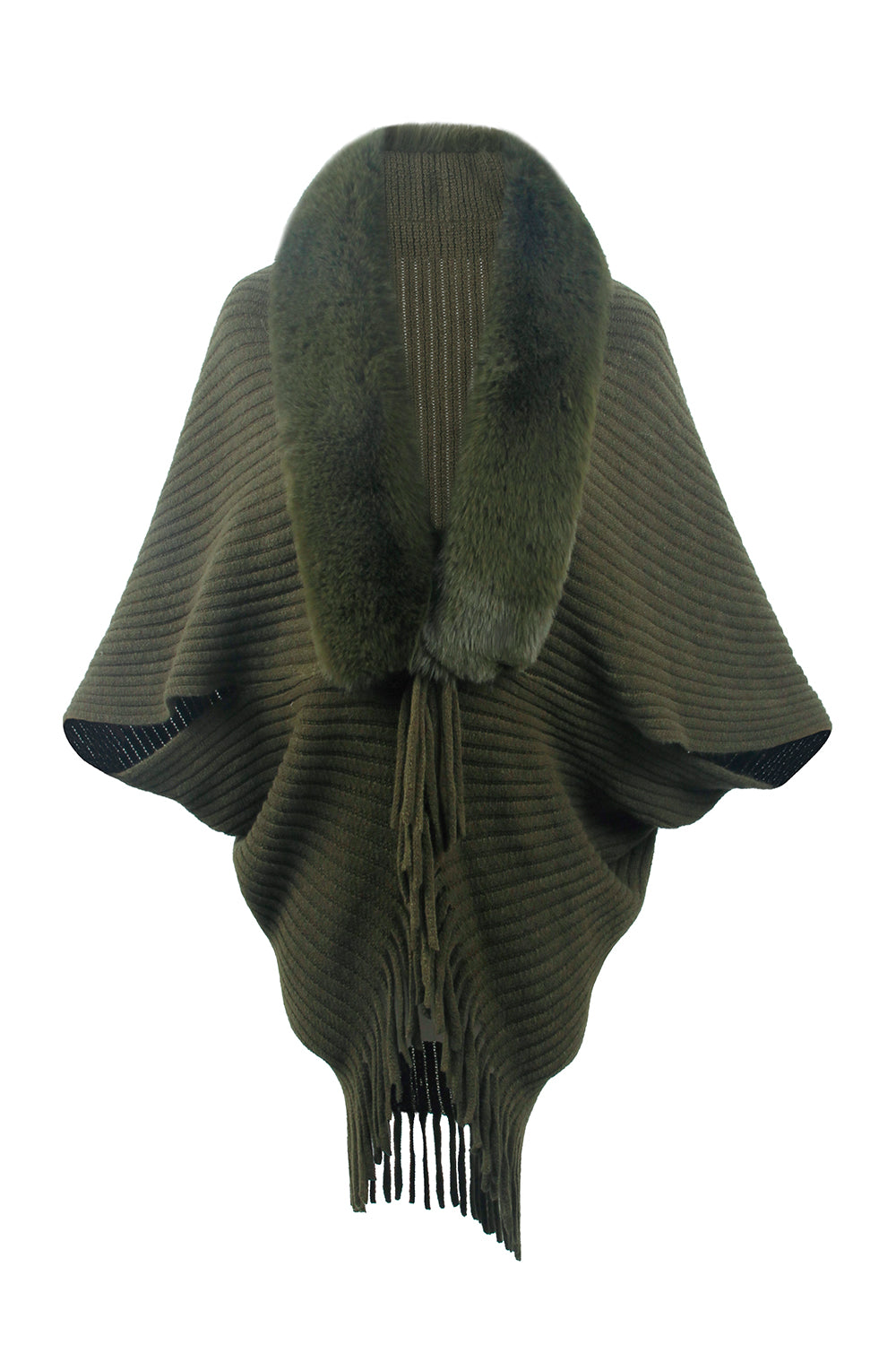 Long-sleeve ribbed poncho with fringe trim, dark green, front view