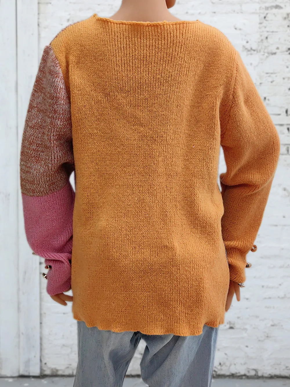 Color-block long sleeve sweater back, mustard knit with mauve and pink sleeve panels