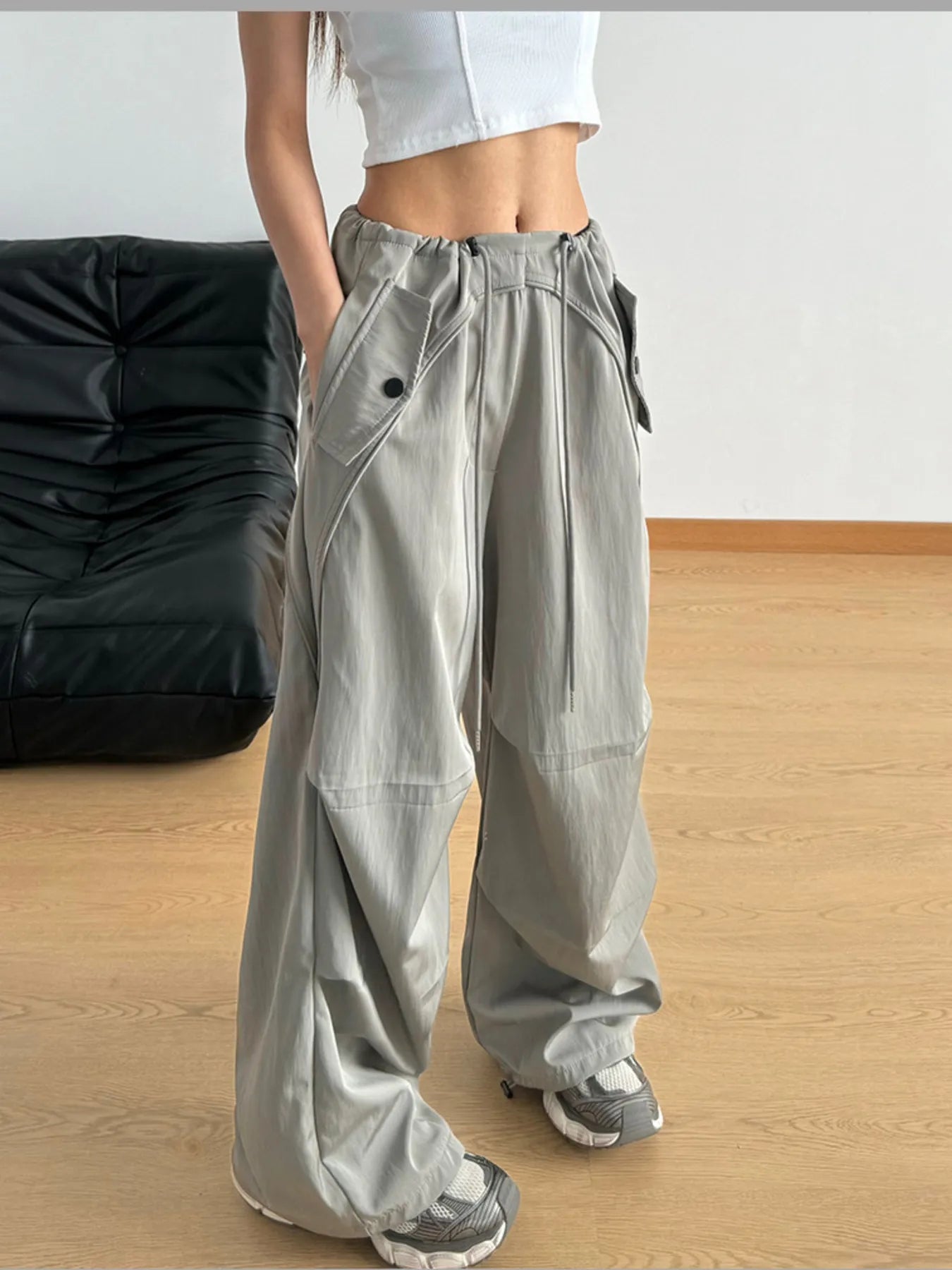 Sage wide-leg drawstring pants with elastic waistband and gathered cuffs
