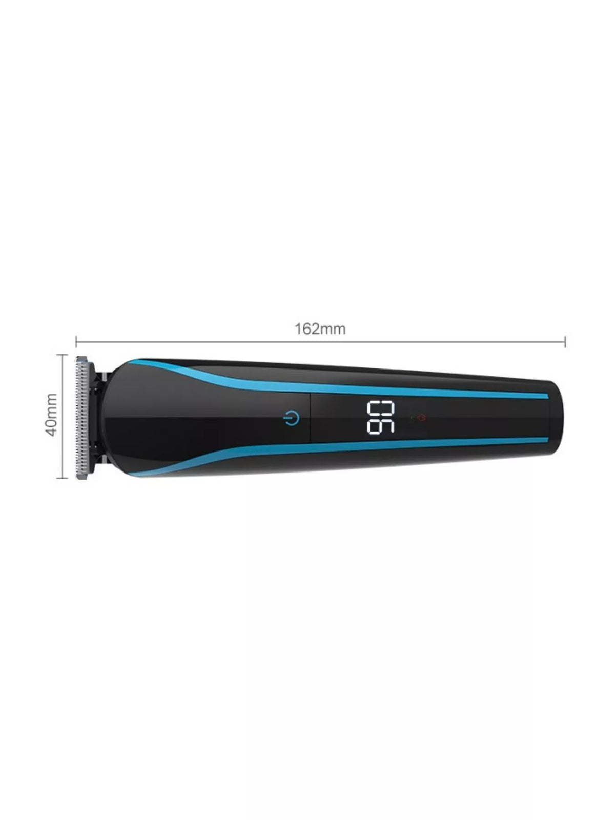 Cordless hair clipper side view with sky blue trim and measurement scale