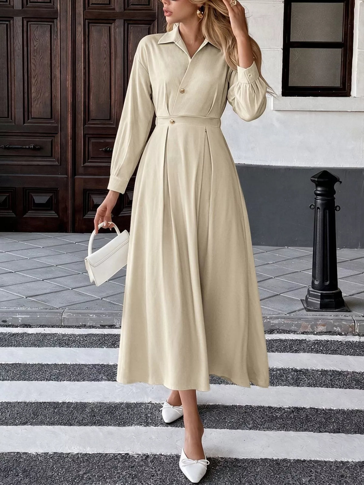 Khaki midi shirt dress with button placket, ruched waist, and long sleeves