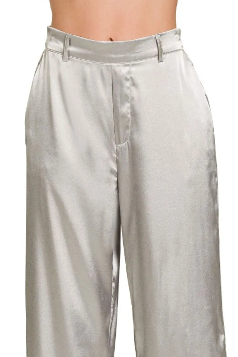 Silver satin wide-leg pants with button fly and flat-front waistband