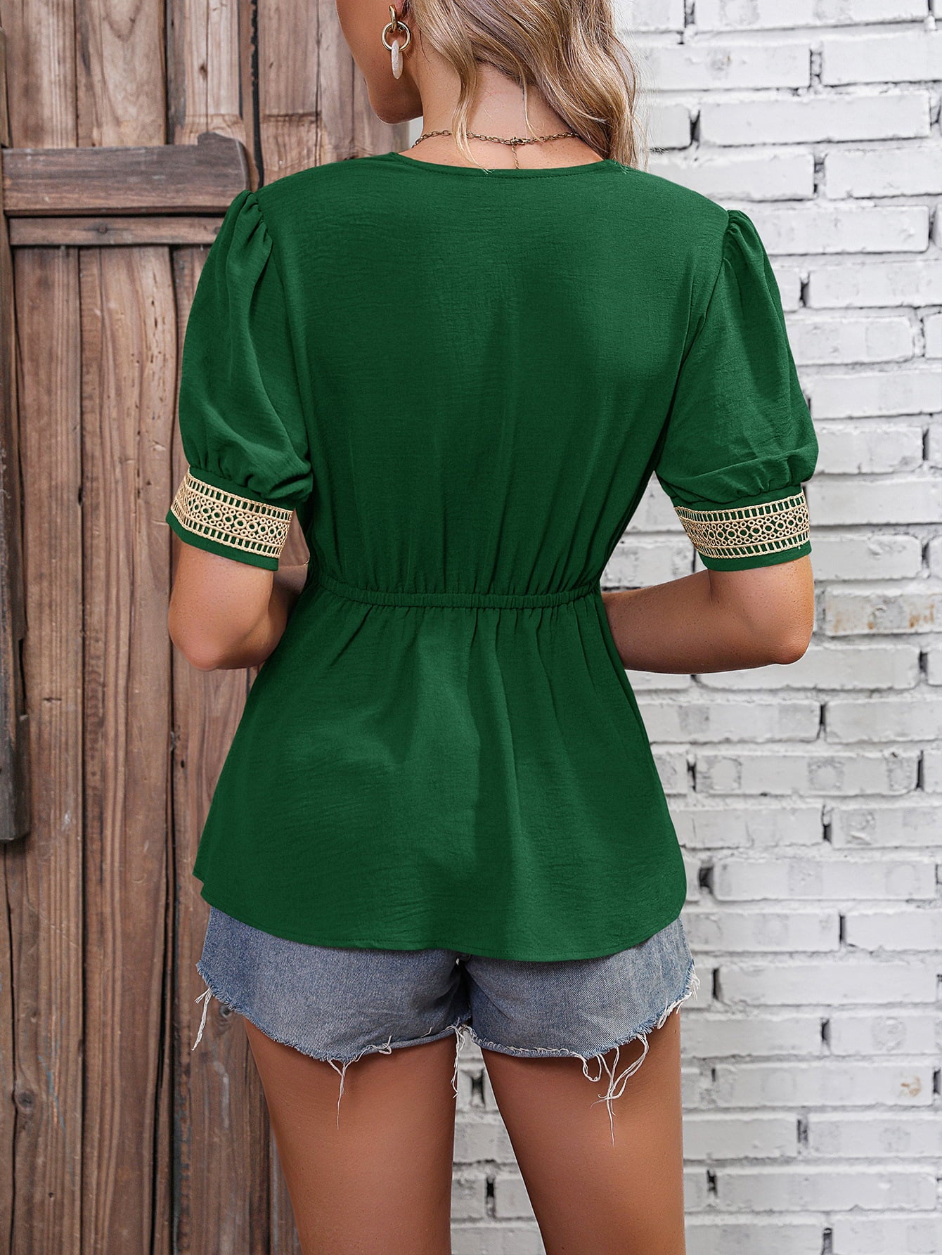 Forest green contrast V-neck babydoll top, gathered waist, short puff sleeves