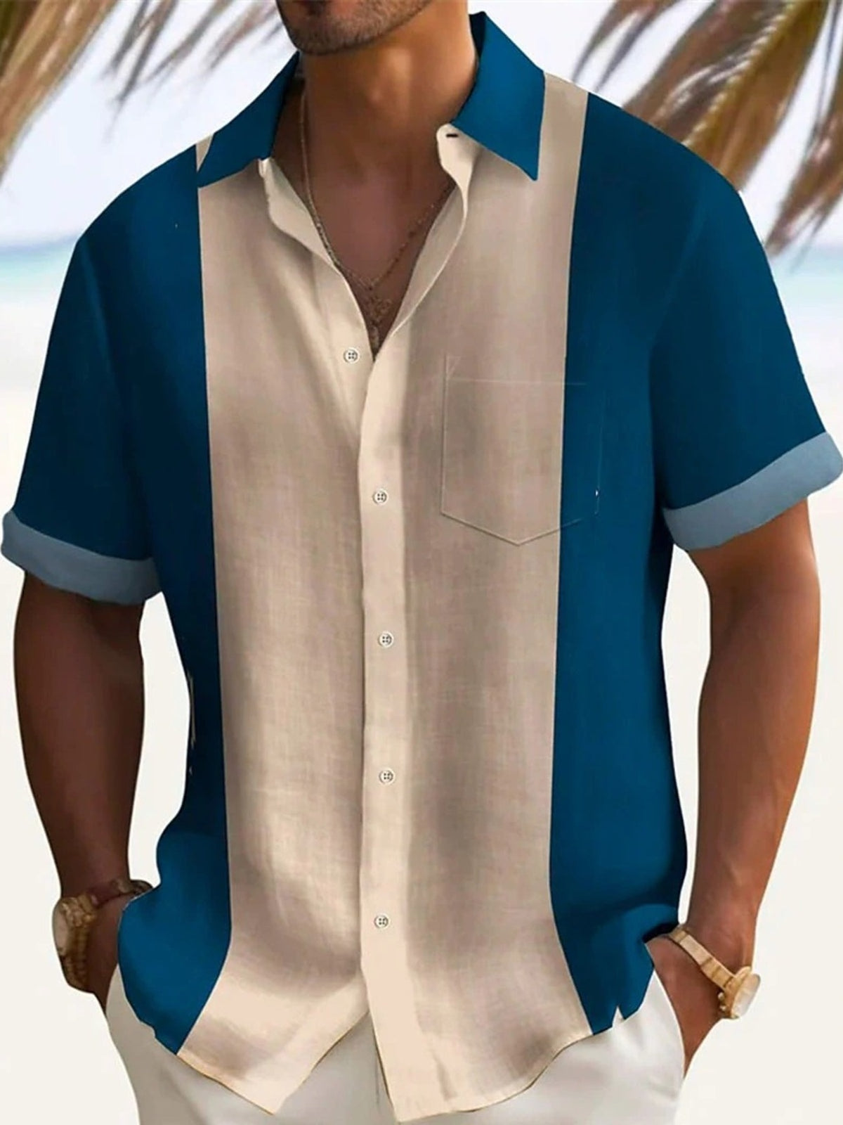 Men's blue color block short-sleeve cotton shirt with button front, collar, chest pocket