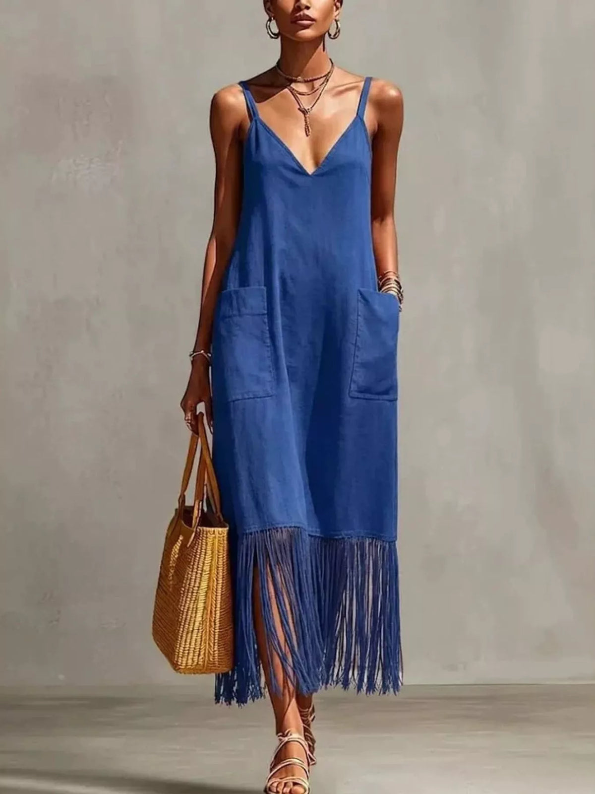 Blue V-neck spaghetti strap dress with two front patch pockets and fringe hem